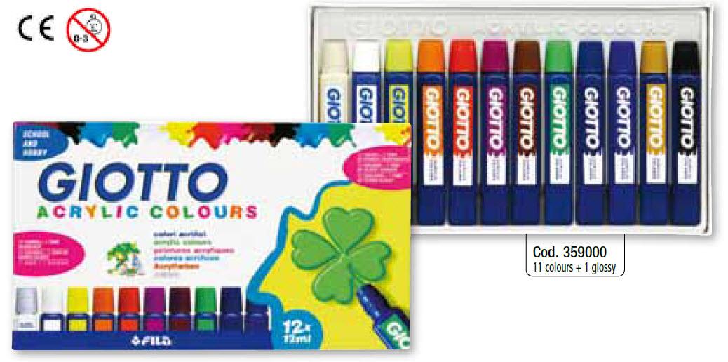 Combo 1 hộp màu 12 TUBES GIOTTO ACRYLIC COLORS 12ML và 1 Vỉ 3 chổi vẽ GIOTTO Art 577 số 6,8,10 - Italia