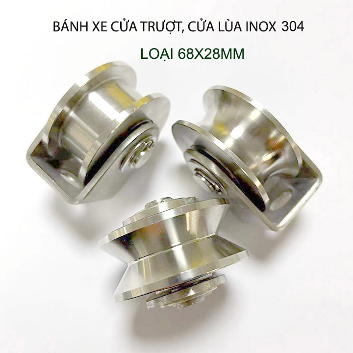 01 bánh xe cho cửa cổng trượt, cửa lùa bằng inox 304, loại 68x28mm, Hình U, V, H tùy chọn
