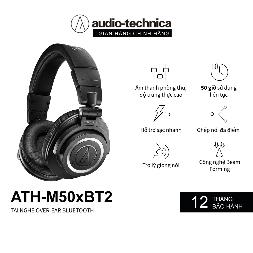 Tai Nghe Bluetooth Choàng Đầu Kiểm Âm Over Ear Audio Technica ATH-M50xBT2 – Hàng Chính Hãng