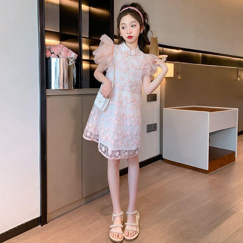 SHUANGYAN Đầm sườn xám cho bé gái Trang phục mùa hè 2023 Phong cách phương Tây Thời trang Hanbok váy công chúa cho bé gái váy mùa hè