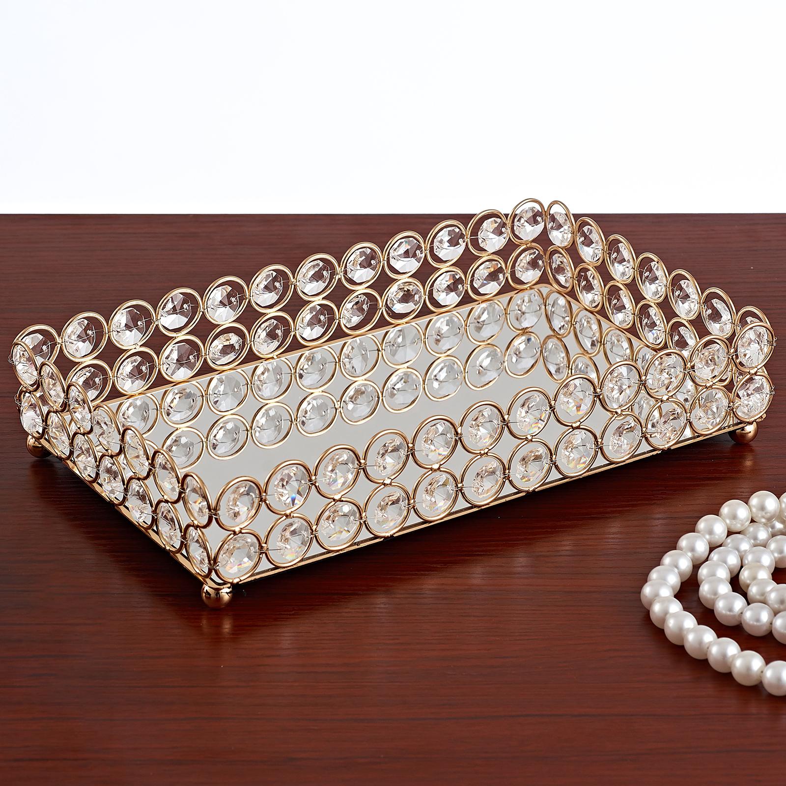 Decorative Makeup Vanity Trays Crystal Mirrored Cosmetic Jewelry Trinket Ornate Perfume Plate for Dresser - 3 Sise