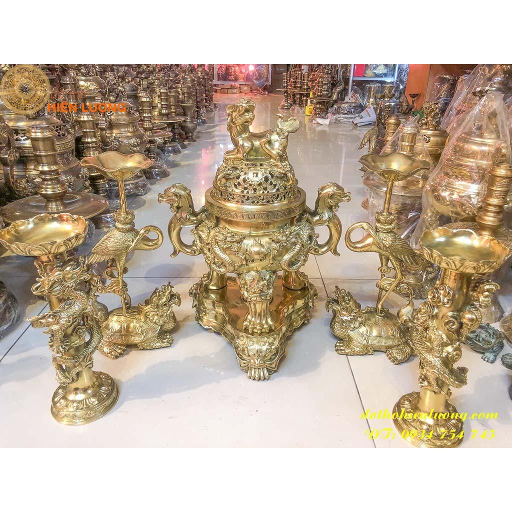 Bộ Đỉnh Song Long Chầu Nguyệt Màu Vàng Cao 60cm