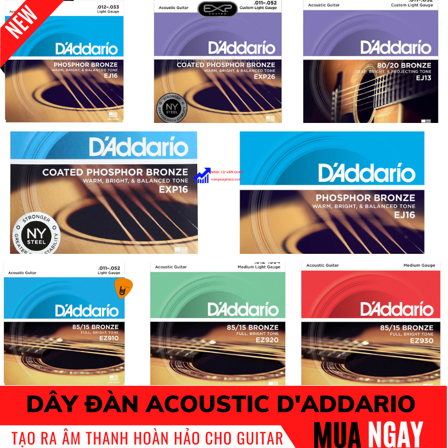 Dây Đàn Guitar Acoustic D'Addario  EPX 26, EJ 13, EJ 16, EZ 910, EZ 920 , EZ 930 Custom Light,1152,80/20Bronze