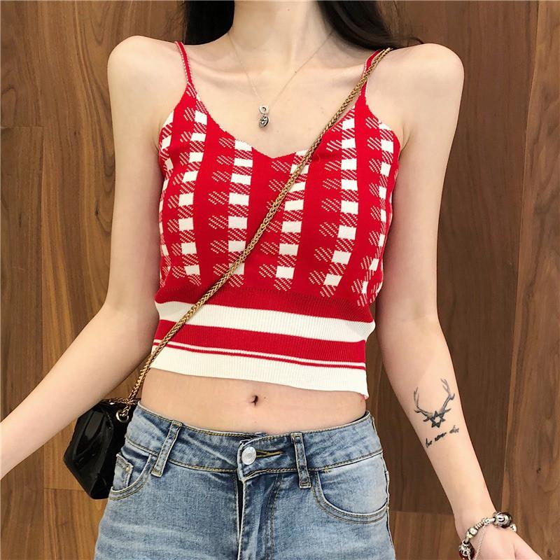Áo dệt kim nữ cổ chữ V sát nách gợi cảm