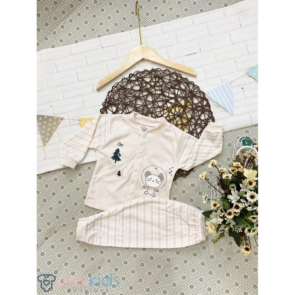 Bộ quần áo dài tay thu đông Unchi hình gấu nỉ cotton sợi tre mềm mịn, giữ ấm cho bé
