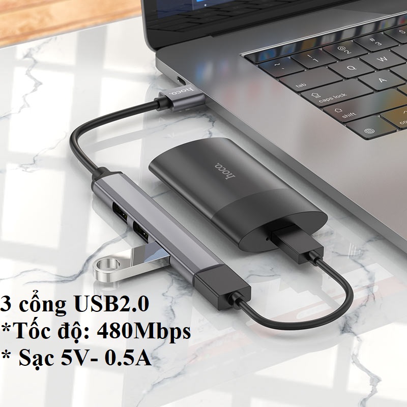 Hub / bộ chuyển đổi cổng type-C 4 in 1 hỗ trợ OTG cho laptop điện toại tablets Hoco HB26 - Hàng chính hãng