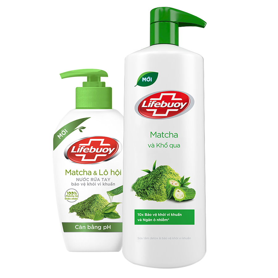 Combo Lifebuoy Sữa Tắm Matcha Và Khổ Qua (850g) + Nước Rửa Tay Matcha Và Nha Đam (180g)