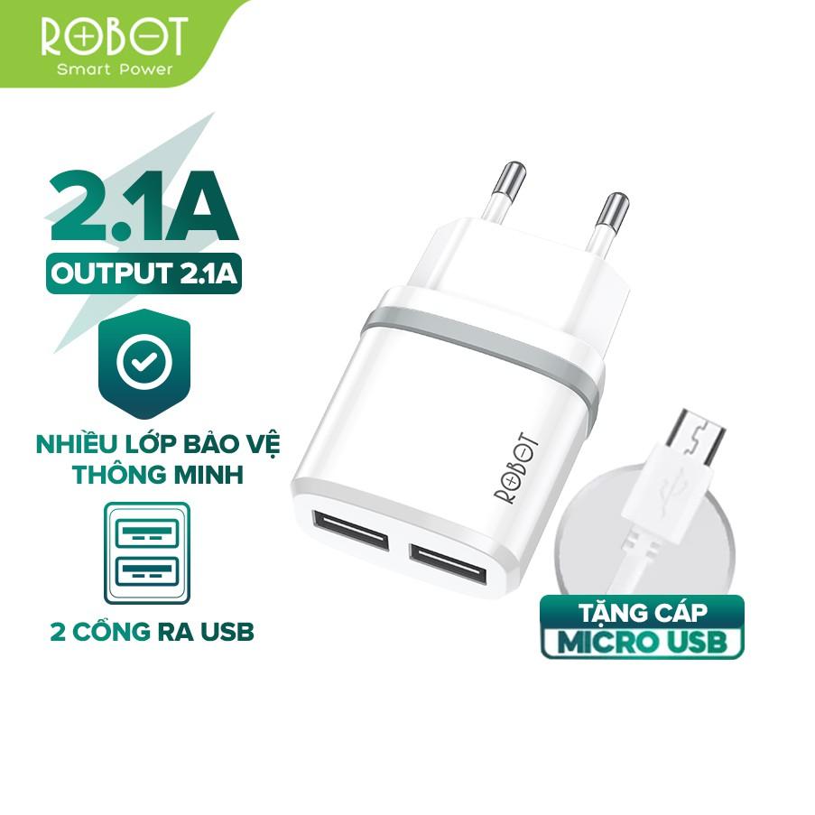 Cốc Sạc 2 Cổng USB ROBOT 2.1A Kèm Cáp Micro 1m - Hàng Chính Hãng