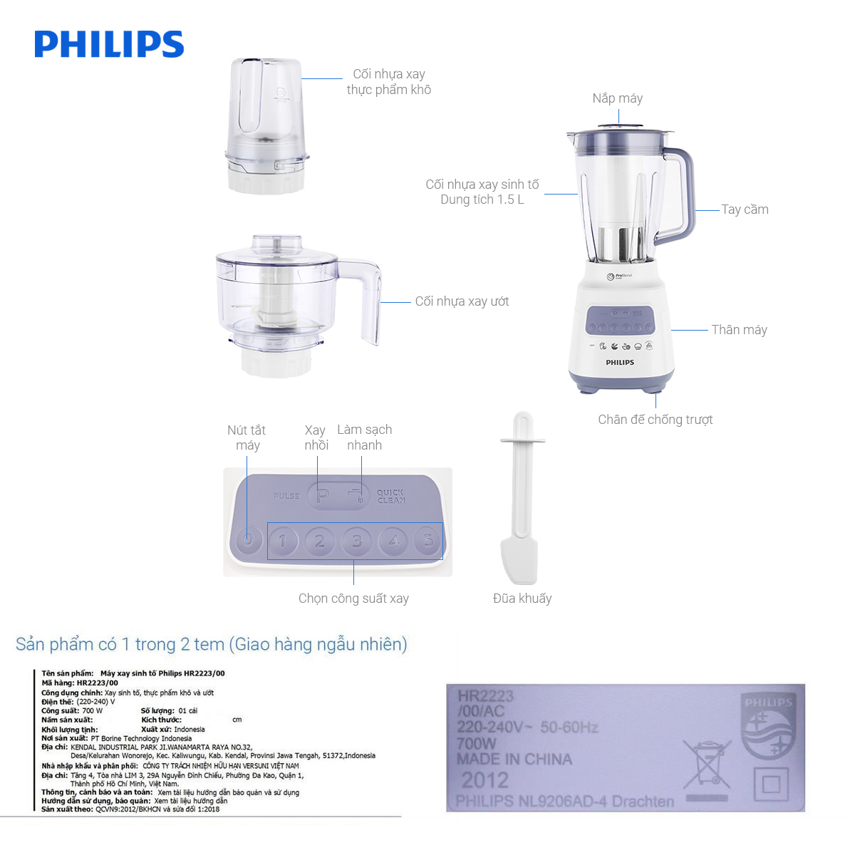 Máy xay sinh tố đa năng Philips HR2223/00 công suất 700W, 3 cối - Hàng chính hãng