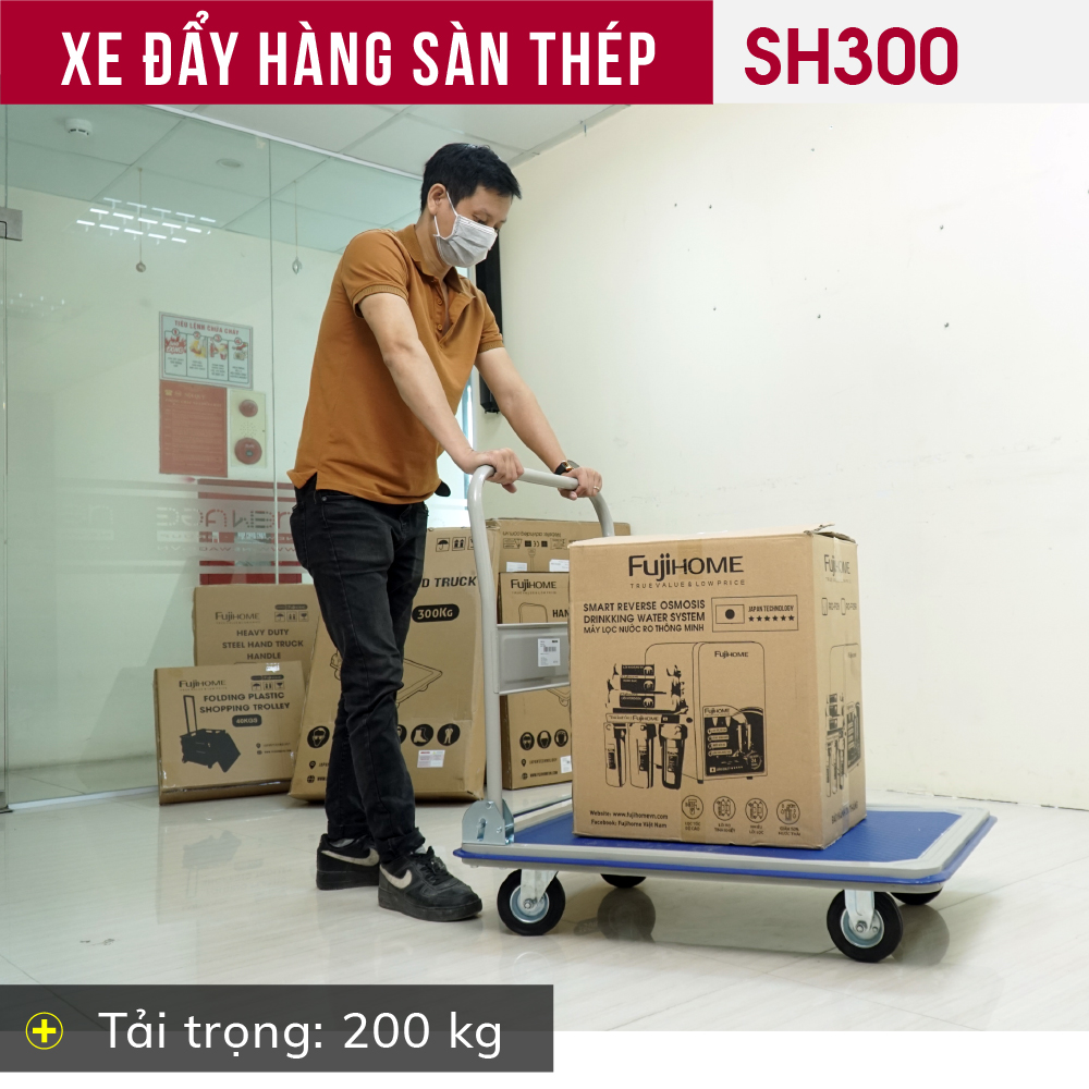 Xe đẩy hàng 4 bánh gấp gọn 250kg sàn thép nhập khẩu FUJIHOME SH300,, bánh xe chống ồn