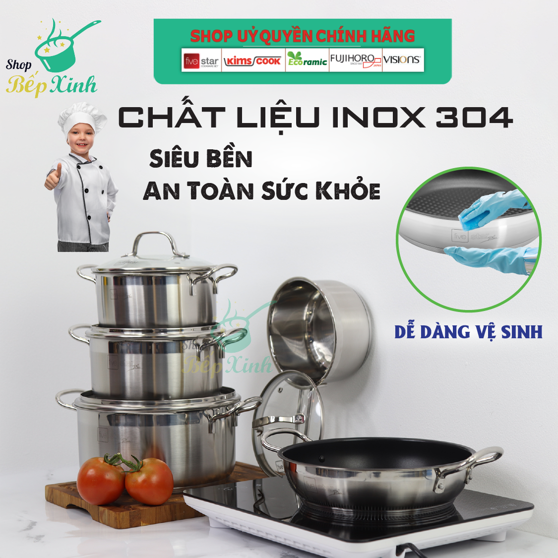 Bộ Nồi 5 Đáy Inox 304 Cao Cấp Bếp Từ Fivestar Plush FPB55D001 Nắp Kính , bảo hành 25 năm