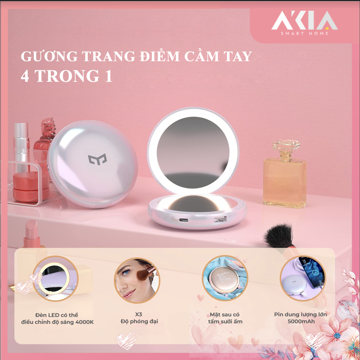 Đèn gương trang điểm mini Yeelight 4 in 1 Hand-held Makeup Mirror - Tích hơp sạc dự phòng 5000mAh, gương HD 3x, đèn chỉnh sáng, sưởi ấm tay - Hàng Chính hãng 