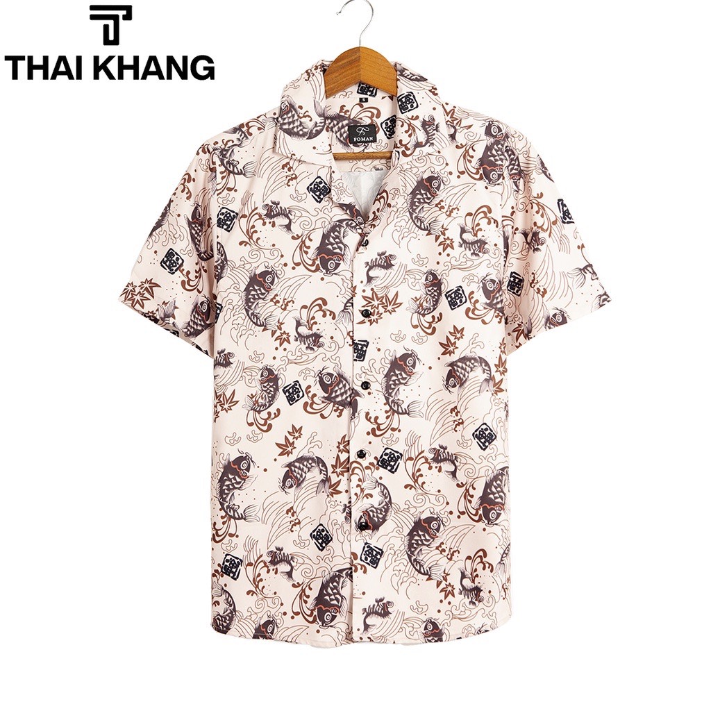 Áo sơ mi nam nữ vài lụa mềm họa tiết HOA VĂN CÁ VÀNG đẹp đi biển áo nhóm co giãn thấm hút cực mát