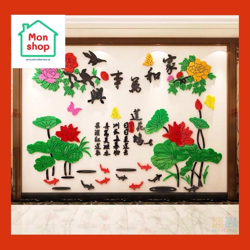 Tranh dán tường mica 3D hình hoa đào, hoa sen, mẫu đơn trang trí phònh khách sang trọng