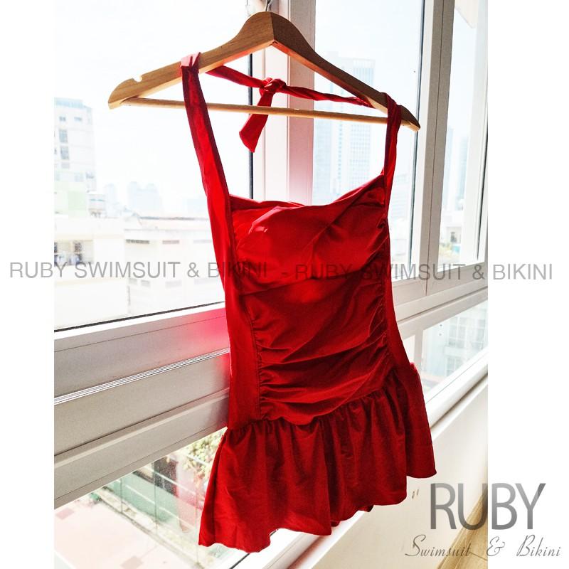 Đồ bơi nữ liền thân một mảnh RUBY cột nơ cổ váy bèo ngắn, kiểu ngang - R006