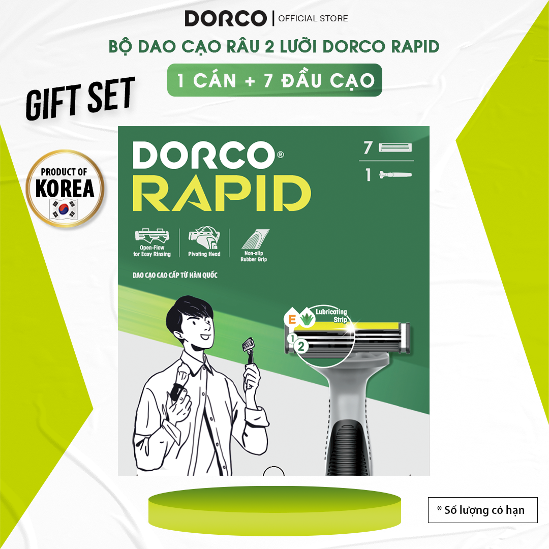 Bộ Dao Cạo Râu 2 Lưỡi Dorco Rapid Gồm 1 Cán 7 Đầu Cạo