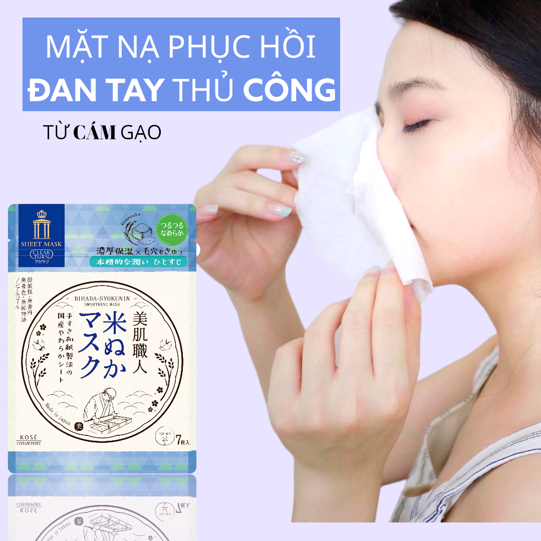 Mặt Nạ Giấy Cám Gạo Phục Hồi Dưỡng Mịn Da Kosé Clear Turn Smoothing Mask B 7 Tấm