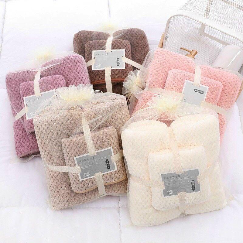 Set 02 Khăn tắm + khăn mặt lông cừu lớn sợi microfiber Hàn Quốc cao cấp mềm mịn bảo vệ da cho gia đình và cho bé