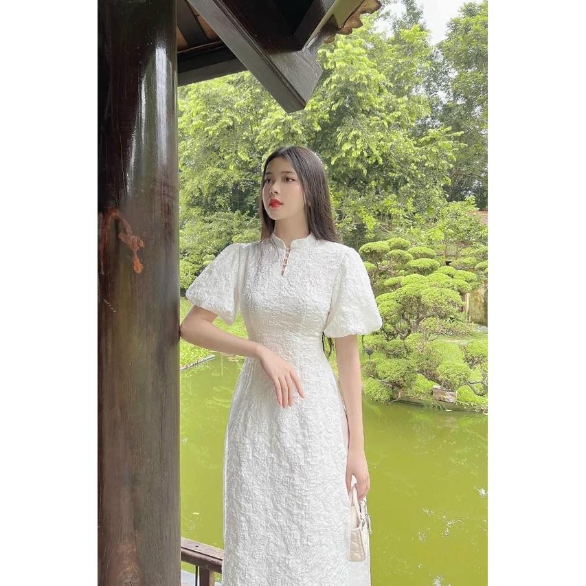 Áo dài trắng tay phồng cách tân , hàng đẹp có đủ size, áo dài nữ đẹp tết 2023, kiểu xẻ trụ gài nút, phom xinh