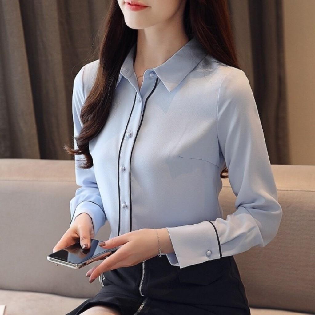 Áo Sơ Mi Nữ Dài Tay Màu Trắng Hai Viền L3 Chất Kate Mềm Mịn,Thoáng Mát Tạo Cảm Giác Thoải Mái Khi Mặc