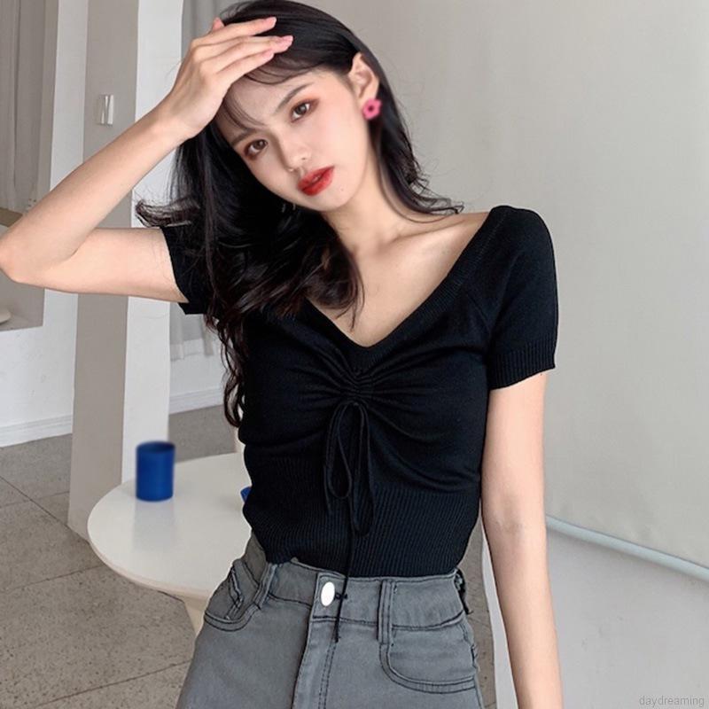 Áo Thun Tay Ngắn Cổ Chữ V Màu Trơn Thiết Kế Đơn Giản Thời Trang Dành Cho Nữ