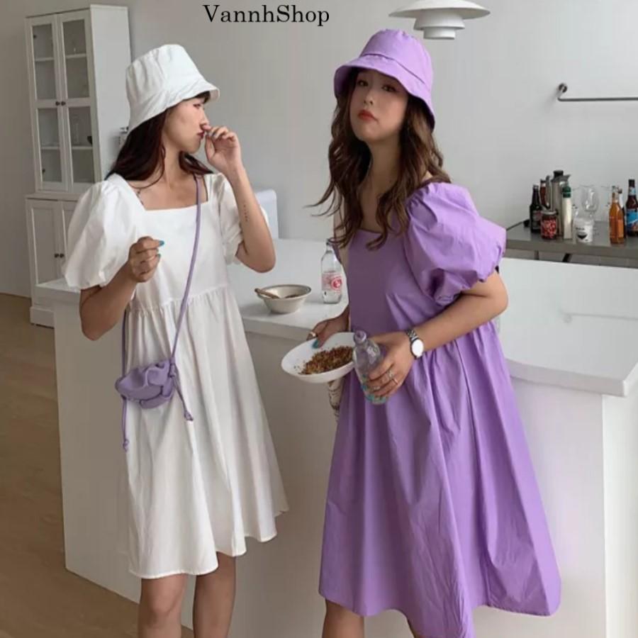 Váy nữ Mùa Hè 2021 Mới - Đầm nữ dễ thương - Cổ vuông -Tay phồng -Chất đũi -VannhShop Ms 14A (tặng kèm khẩu trang vải)