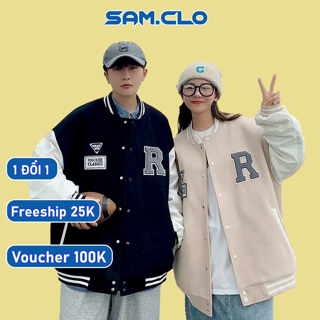 Áo khoác DA LỘN BOMBER nam nữ SAM CLO freesize phong cách bóng chày form rộng unisex mặc cặp - couple THÊU CHỮ R-CLASSIC