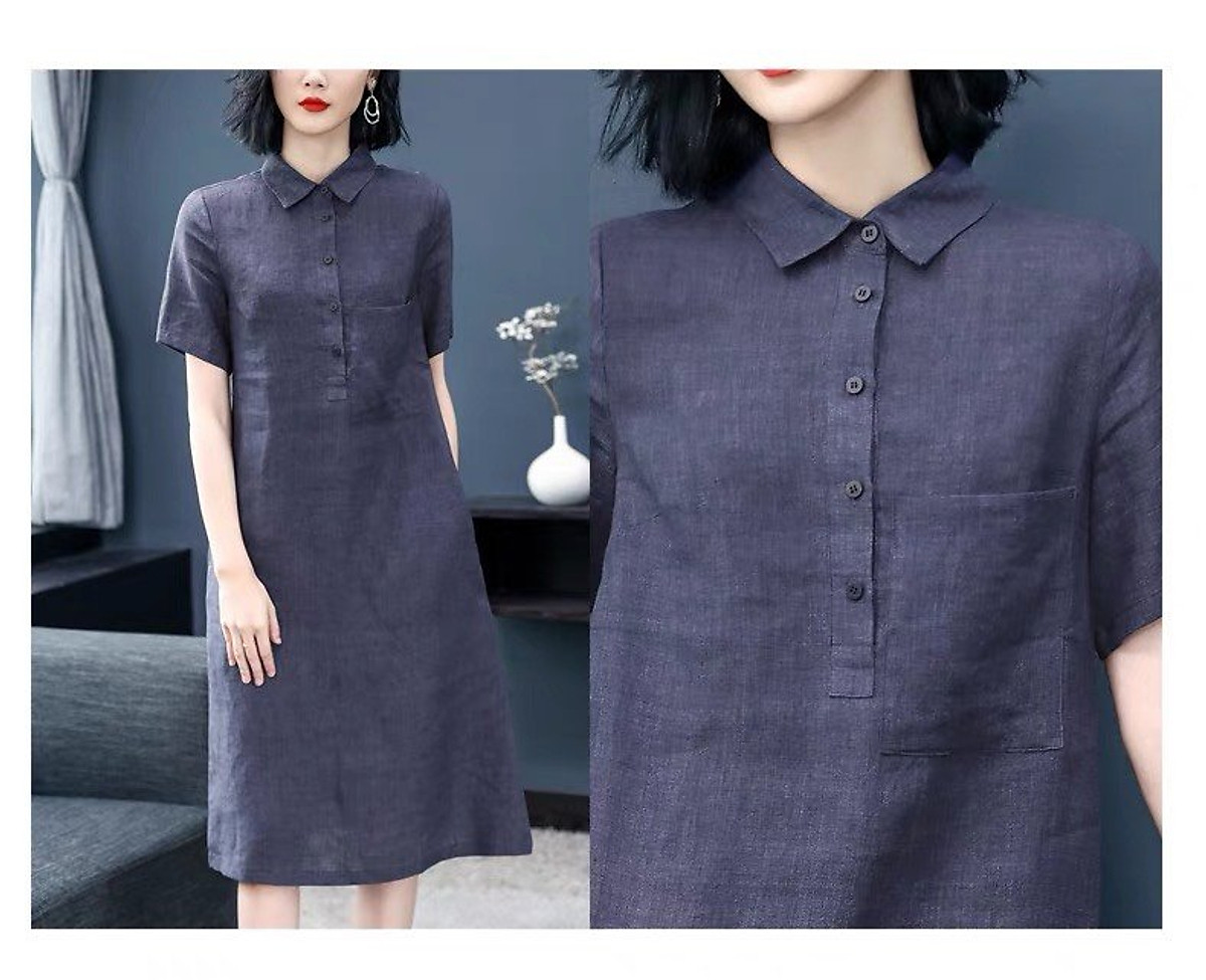 Đầm suông công sở, chất Linen bột Premium cổ đức tay cộc sang trọng