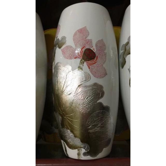 Lọ bom sơn mài khảm bạc hoạ tiết sen gốm sứ Bát Tràng cao cấp