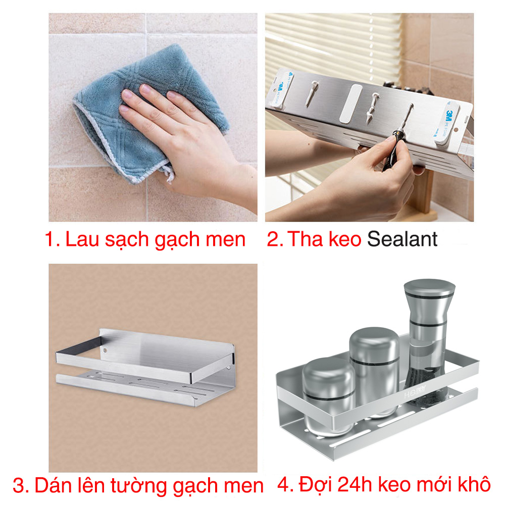Kệ gia vị Inox 304 dán tường gạch men - có keo dán Sealant Fix -không rỉ sét, đựng được nhiều đồ dùng nhà bếp - 3 kích thước - HOBBY KGVD20 , KGVD23, KGVD28 - hàng chính hãng