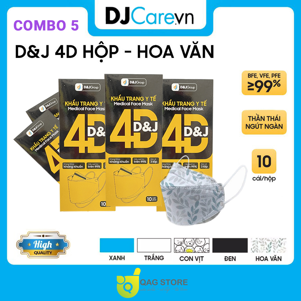 [COMBO 5 HỘP - D&amp;J] Khẩu Trang Y Tế Kháng Khuẩn 4D/Tiêu Chuẩn KF94/ Chính Hãng Hộp 10 Cái