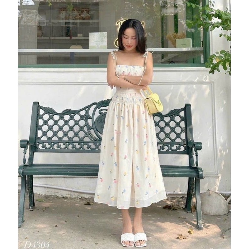 Đầm 2 dây vai nơ thêu hoa nổi đầm maxi