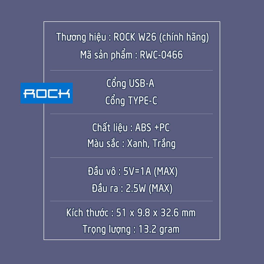 Đế Sạc Không Dây Chính Hãng ROCK dành cho Apple Watch 38/40/42/44mm Series 1/2/3/4/5/6/Se - cổng Type-C và USB-A - Xanh