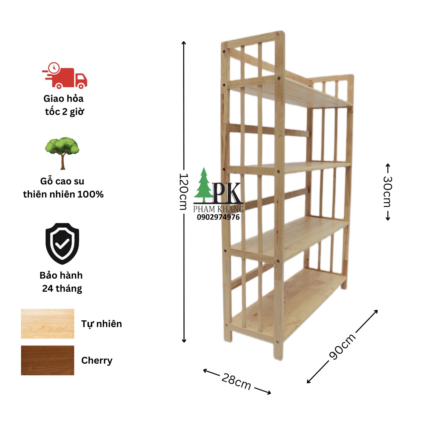 Kệ sách gỗ 4 tầng Phạm Khang - Gỗ cao su tự nhiên màu Gỗ Tự Nhiên/ Vàng Cherry - Kích thước rộng 90 cm