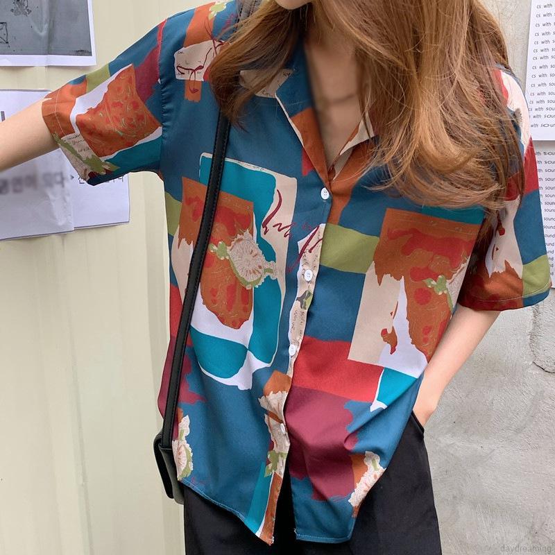 Áo Sơ Mi Voan Ngắn Tay Dáng Rộng In Họa Tiết Hình Học Cá Tính Cho Nữ