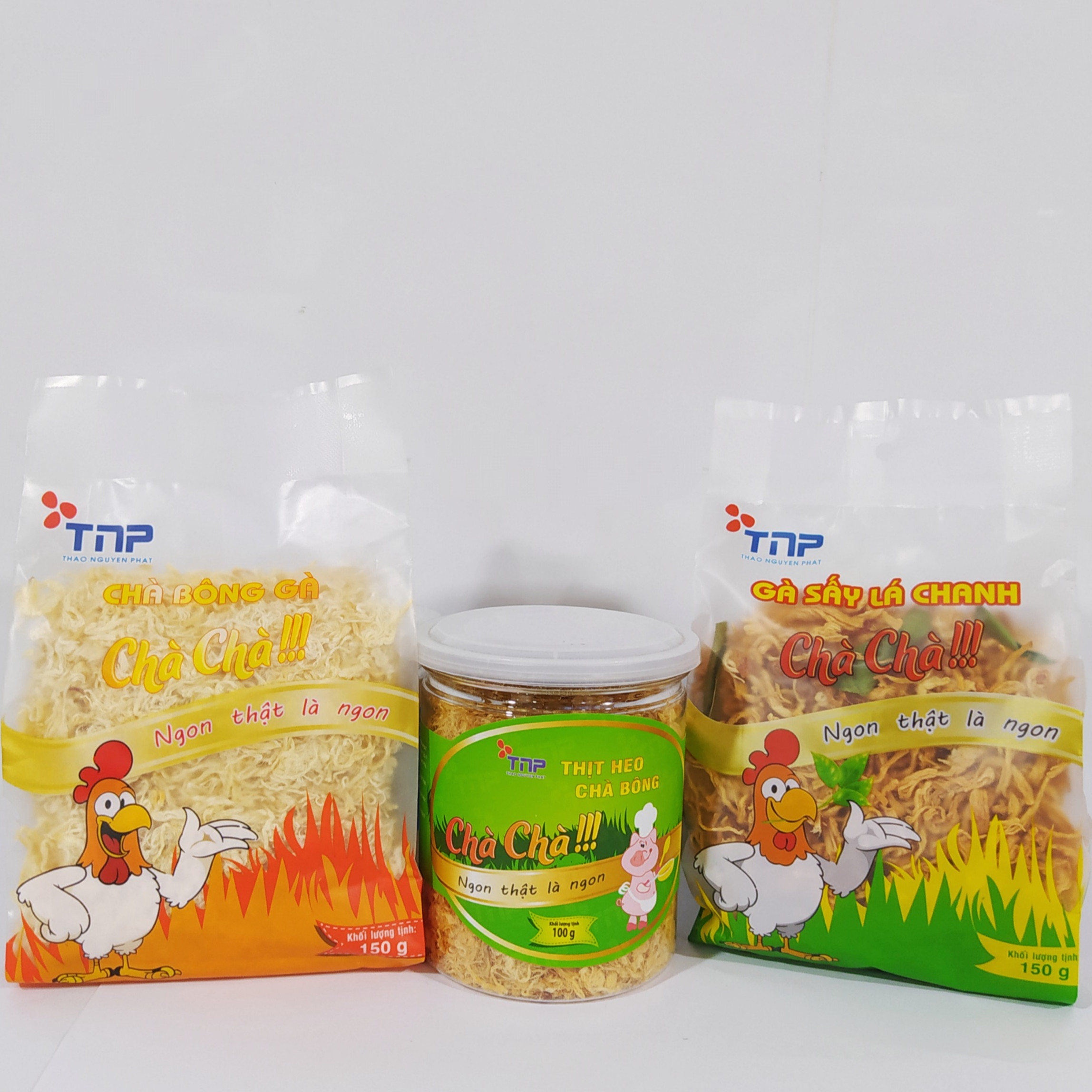 Combo 1 hũ chà bông heo TNP 100g, 1 gói chà bông gà TNP gói 150g và 1 gói gà sấy lá chanh TNP gói 150g