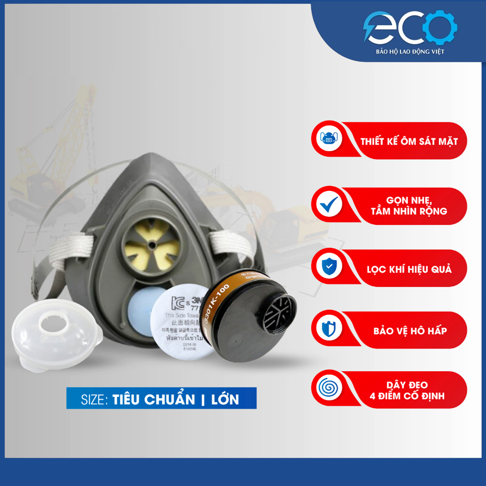 Combo nguyên bộ 4 món mặt nạ phòng độc 3M 3100/ 3200 + phin lọc 3M 3301K-100 + tấm lọc bụi 3M 7711 + nắp giữ tấm lọc 3M 774