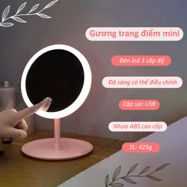 Gương Để Bàn Trang Điểm Mini Có Đèn, Led 3 Màu Ánh Sáng DLQ INTERIORS (Có Kèm Sạc)