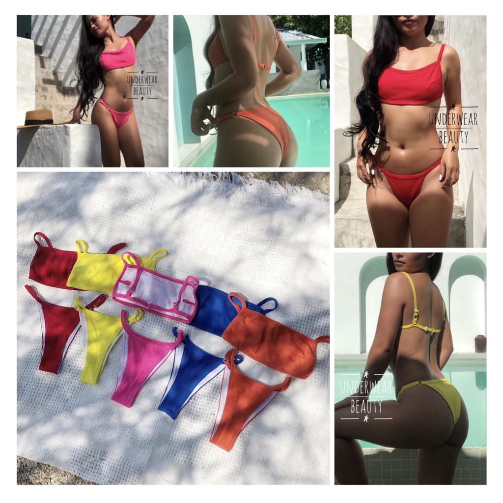 Set Bikini Cami Plain áo hở lưng có mút và quần dây LOVEKIUTEE