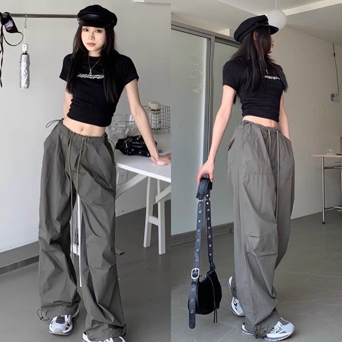 SET QUẦN DÀI ỐNG RỘNG LƯNG CAO DÂY RÚT XÁM TRƠN + ÁO CROPTOP TAY NGẮN ÔM BODY ĐEN THỂ THAO ĐI BIỂN DẠO PHỐ ĐI CHƠI ĐI TIỆC