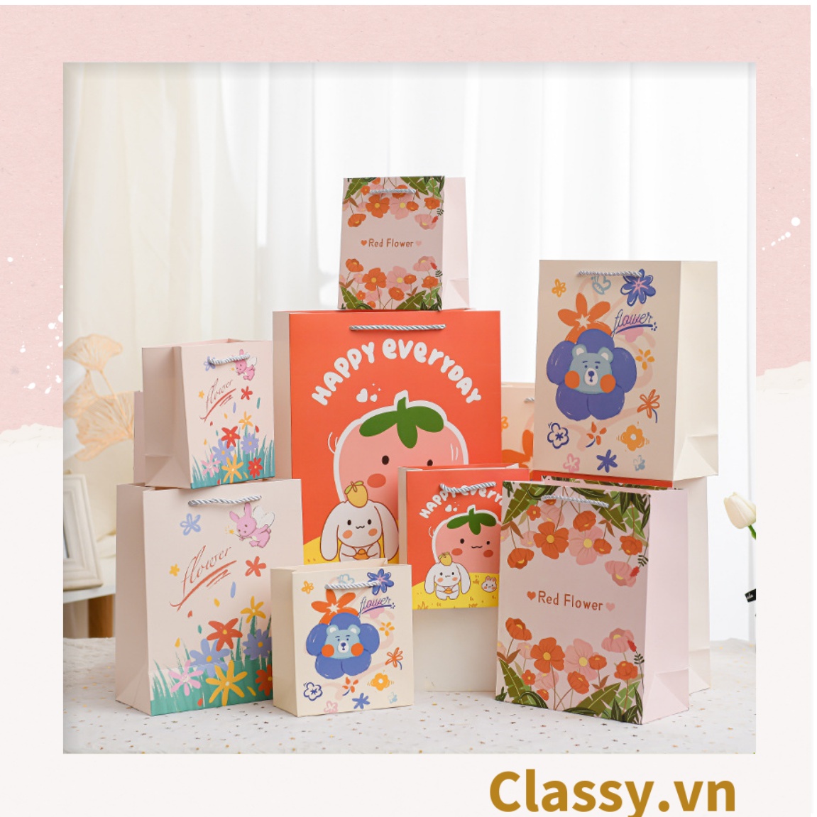 Túi giấy Classy hoa nhiều kích cỡ, phù hợp nhiều dịp sử dụng Q1500