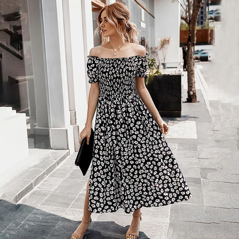 Fashion Women Summer Floral Print Dress Off Shoulder Short Sleeve Ruched Split Hem Bohemian Holiday Dress