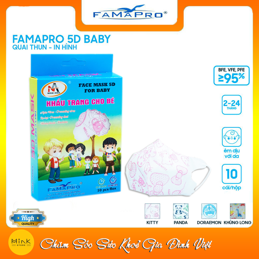 Khẩu Trang Y Tế Cao Cấp FAMAPRO - Hồng Kitty - 3 Lớp Kháng Khuẩn / 99% Lọc Khuẩn, Bụi, Virus Tốt Nhất / Trẻ Em - [ CB3 - 5D BABY - HỘP ]