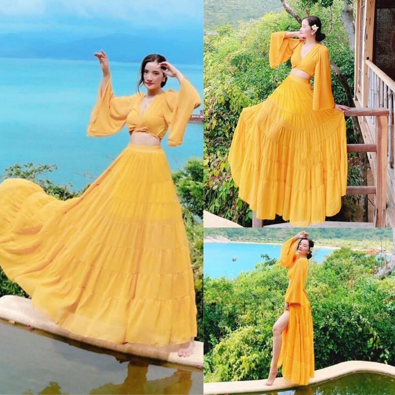 Maxi tay loe, chân váy tầng