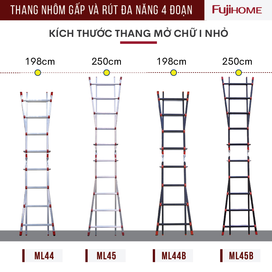 Thang nhôm gấp trượt đa năng FUJIHOME ML45, thang gấp 4 đoạn cao chữ A 2,5M, chữ I 5M, 5 kích thước sử dụng khóa chốt tự động - Hàng chính hãng