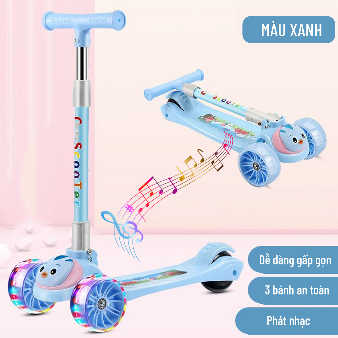 Xe Trượt Scooter Cho Bé - Có Đèn Led Phát Sáng - Phát Nhạc - Dành Cho Trẻ Em Từ 3 - 15 Tuổi, chất liệu nhựa PP thân thiện môi trường, gọn nhẹ, dễ dang mang theo