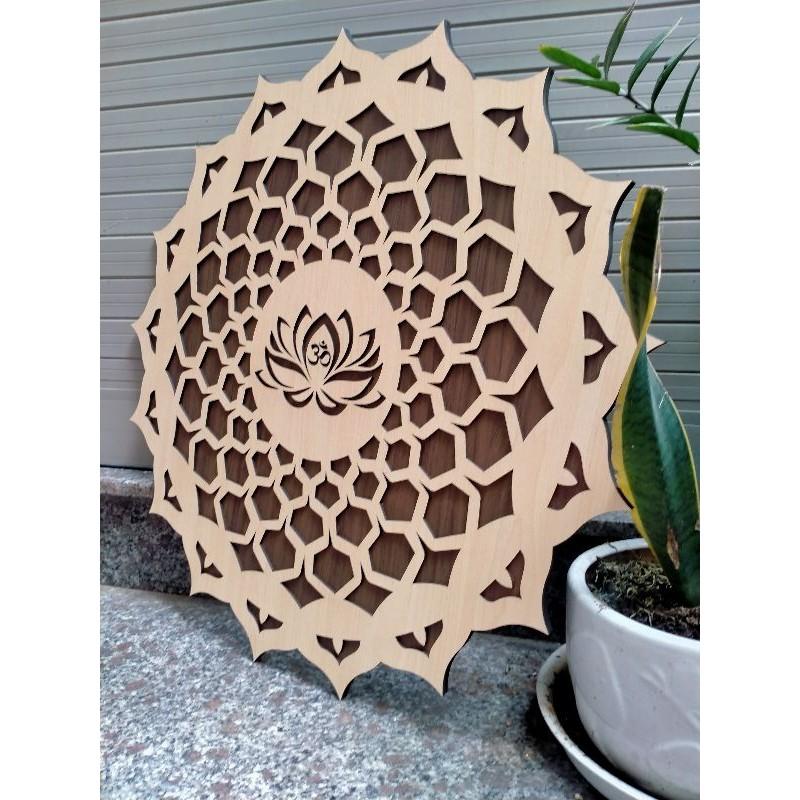 ( Độc)Tranh Gỗ Decor Hoa Mandala Chữ Om Treo Tường Phòng Thiền , Yoga 60cm