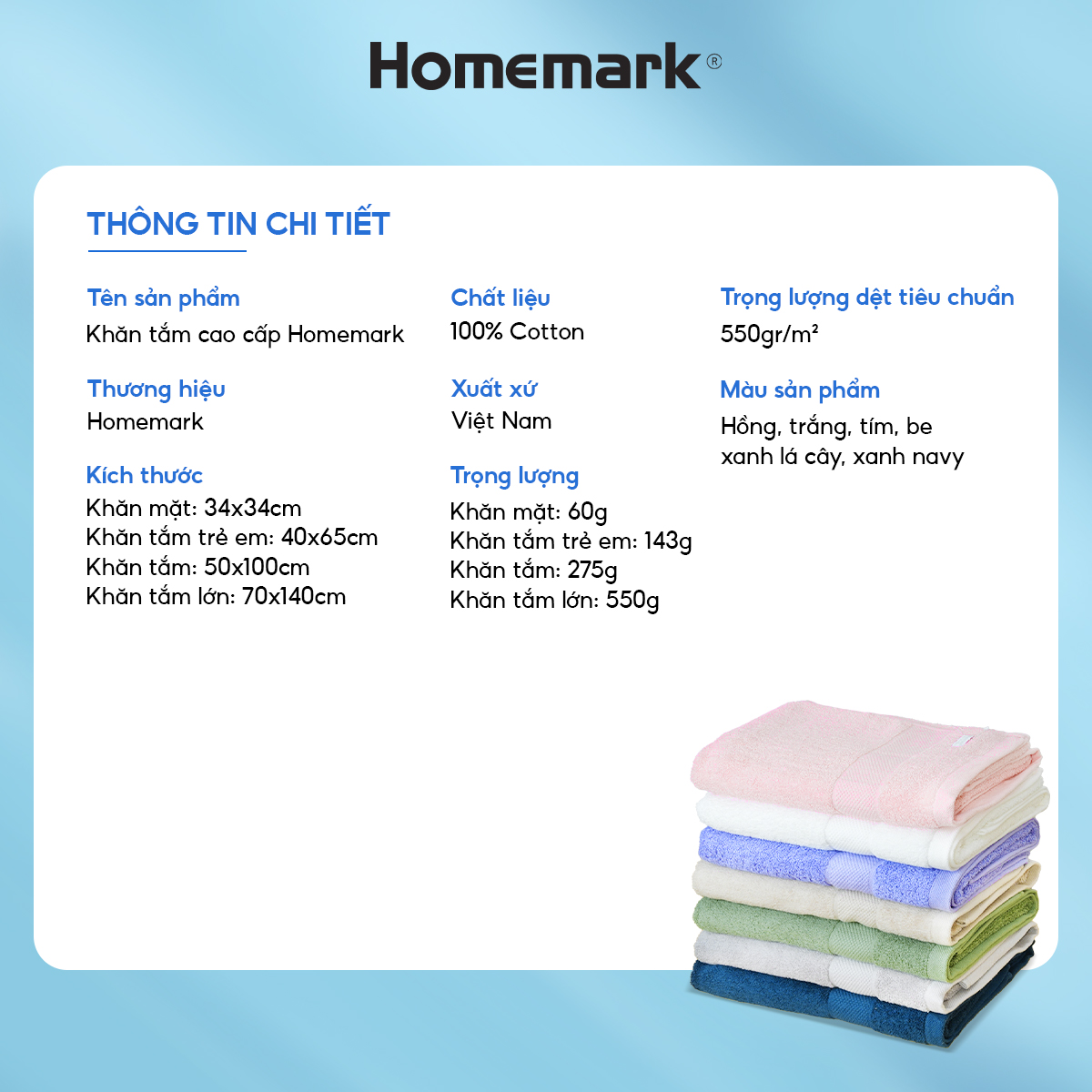 Khăn Tắm 100% Cotton Pakistan Cao Cấp Homemark - Siêu Dày, Mềm Mại, Không Phai Màu, Thấm Hút Tốt