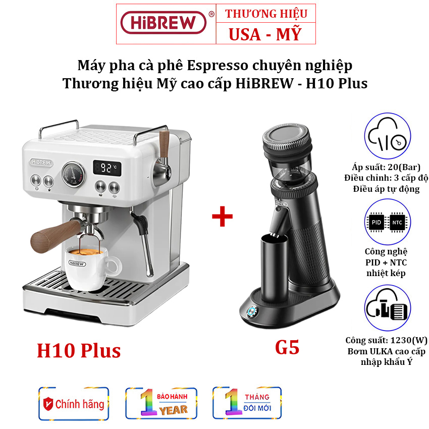 Máy pha cà phê Espresso chuyên nghiệp HiBREW H10 Plus Thương hiệu cao cấp Mỹ 1230W, Áp suất 20 Bar - Hàng Nhập Khẩu (Bảo Hành 12 Tháng)