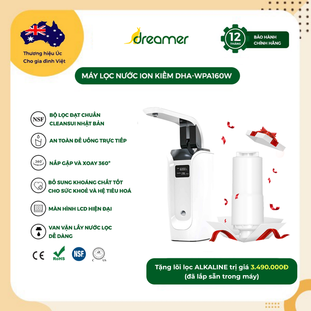 Máy Lọc Nước Ion Kiềm DHA-WPA160W Hàng Chính Hãng